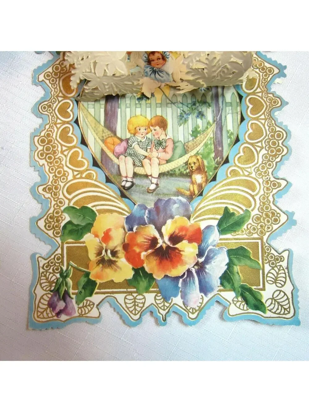 Vintage Valentine XL Girl Boy Hammock Dog Ship Diecut Paper Lace UNSIGNED 1920s